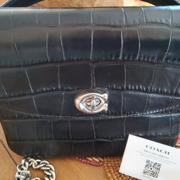 New Coach Cassie 19 Croc Embossed Crossbody Handbag in Black CP138 - Picture 3 of 10